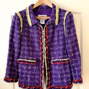 VINTAGE CHANEL Purple and Red Tweed Blazer with Fringe Details